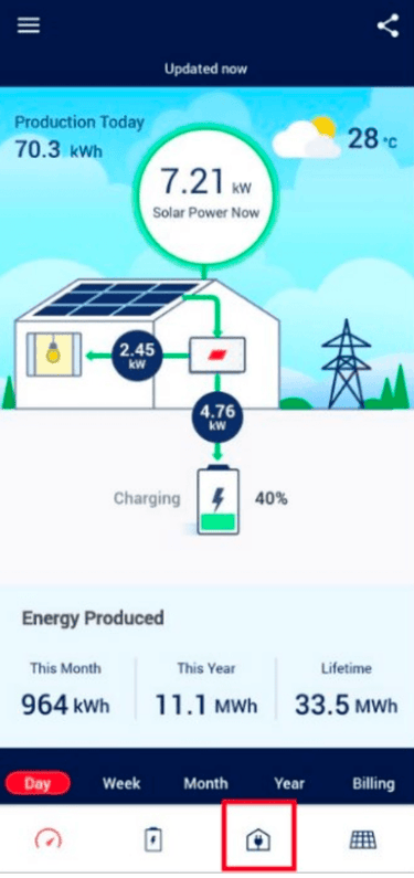 Solar power production and EV charging app interface